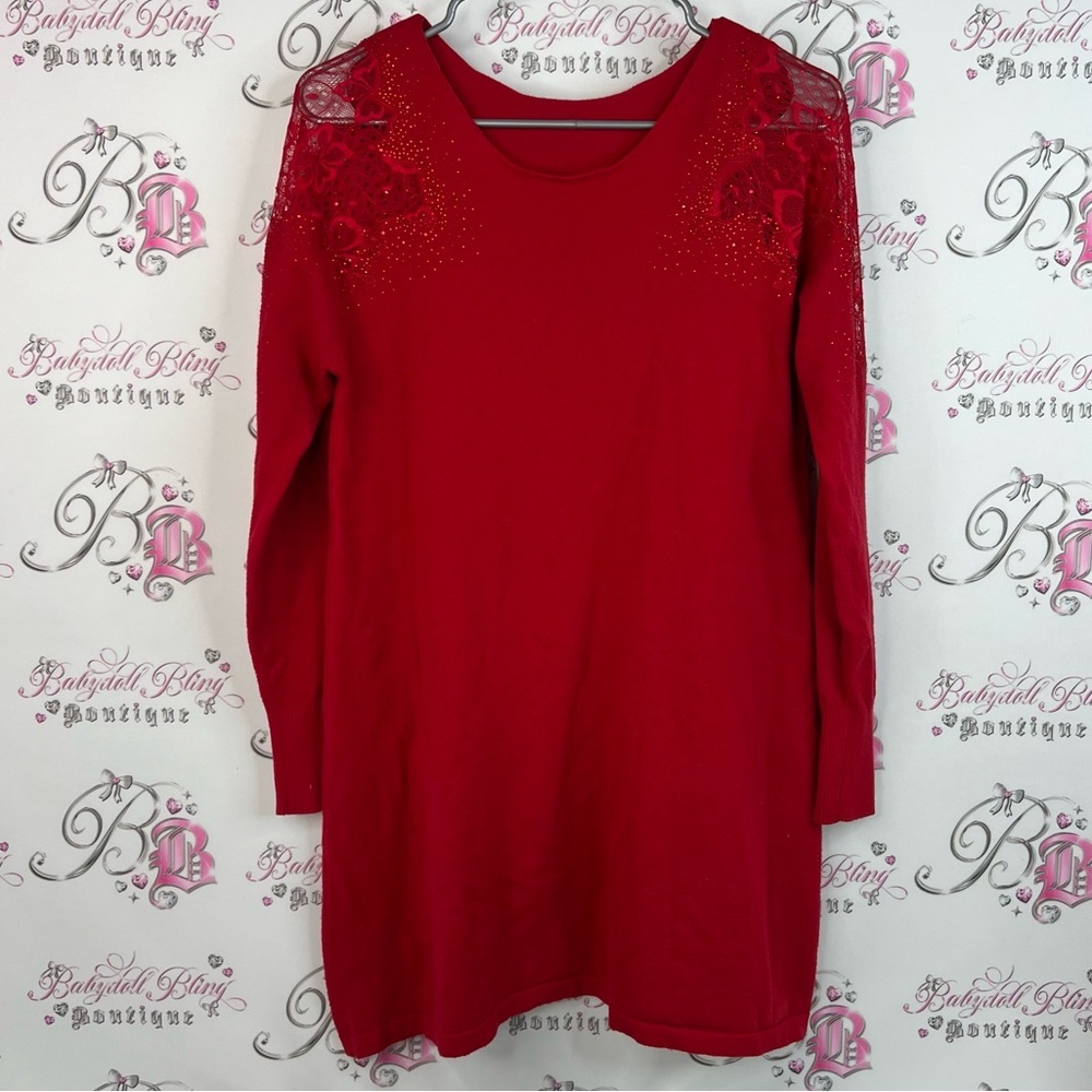 Alison Sheri dress or long shirt diamond Red Sweater with Embellished Shoulders